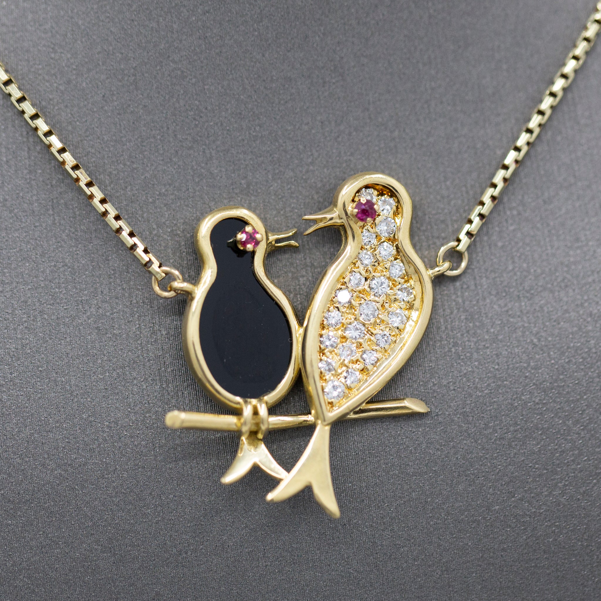 Lovebirds in Diamonds and Onyx with Ruby Eyes Pendant Necklace in 14k Yellow Gold