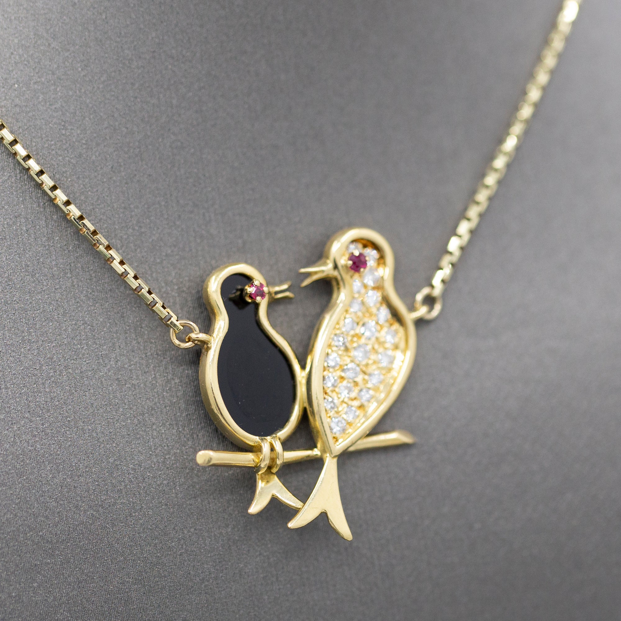 Lovebirds in Diamonds and Onyx with Ruby Eyes Pendant Necklace in 14k Yellow Gold