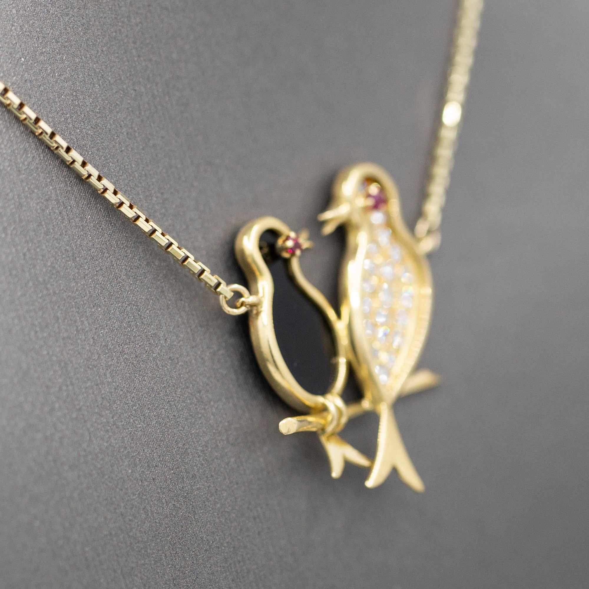 Lovebirds in Diamonds and Onyx with Ruby Eyes Pendant Necklace in 14k Yellow Gold