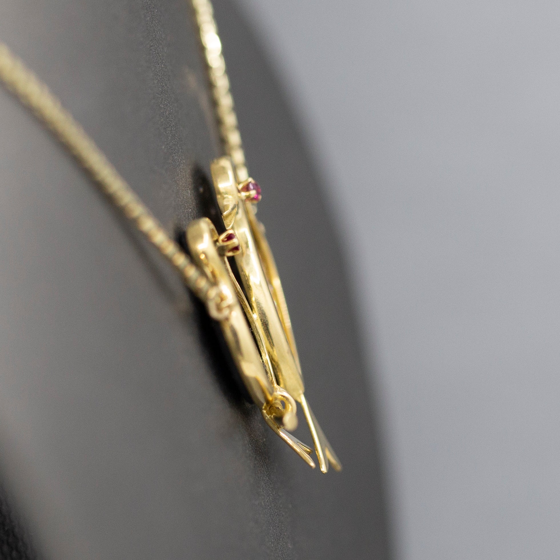 Lovebirds in Diamonds and Onyx with Ruby Eyes Pendant Necklace in 14k Yellow Gold