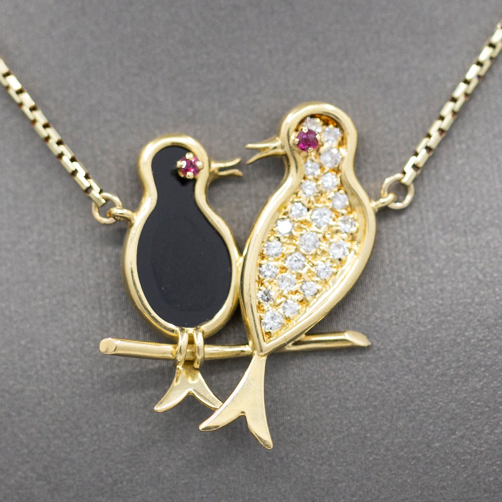 Lovebirds in Diamonds and Onyx with Ruby Eyes Pendant Necklace in 14k Yellow Gold