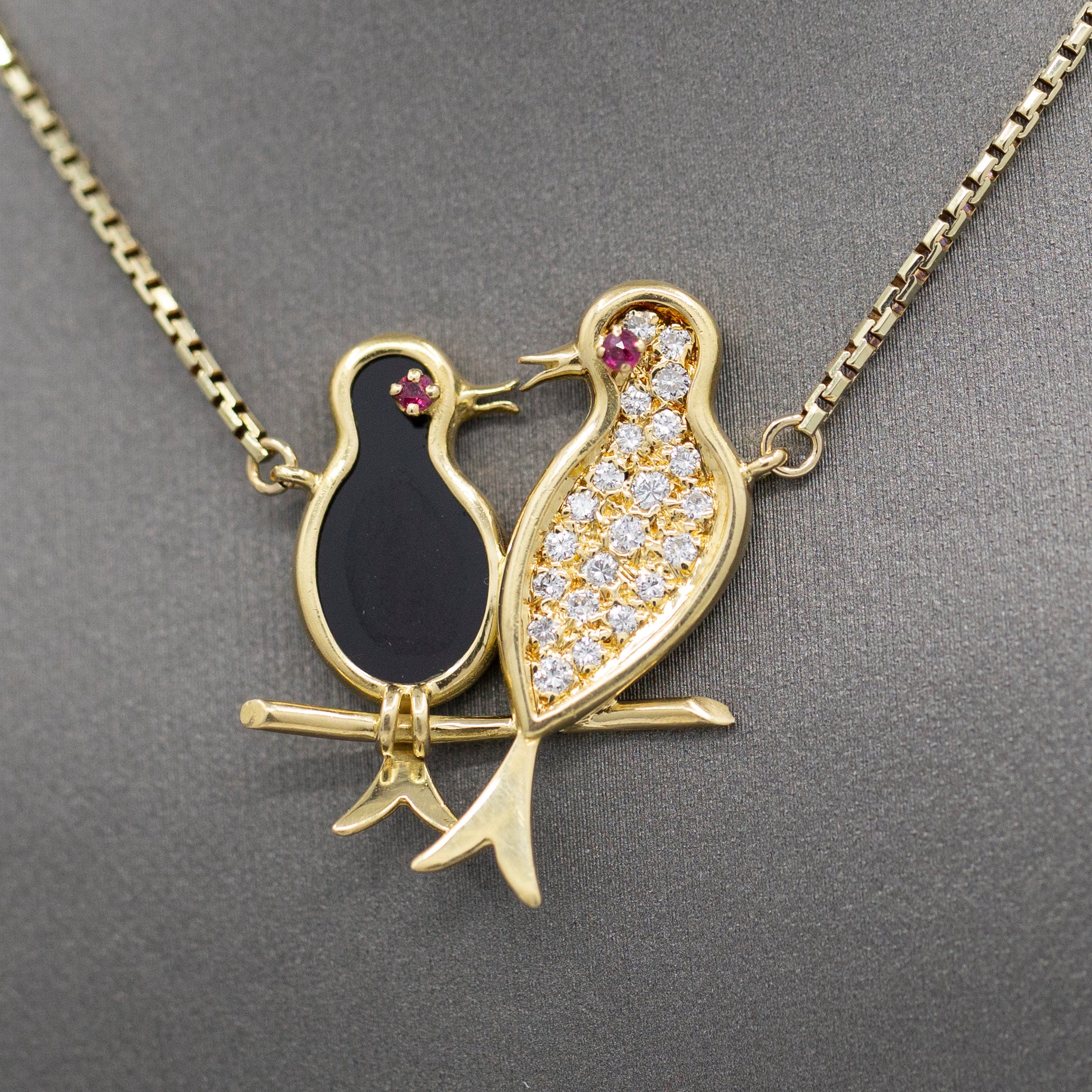 Lovebirds in Diamonds and Onyx with Ruby Eyes Pendant Necklace in 14k Yellow Gold