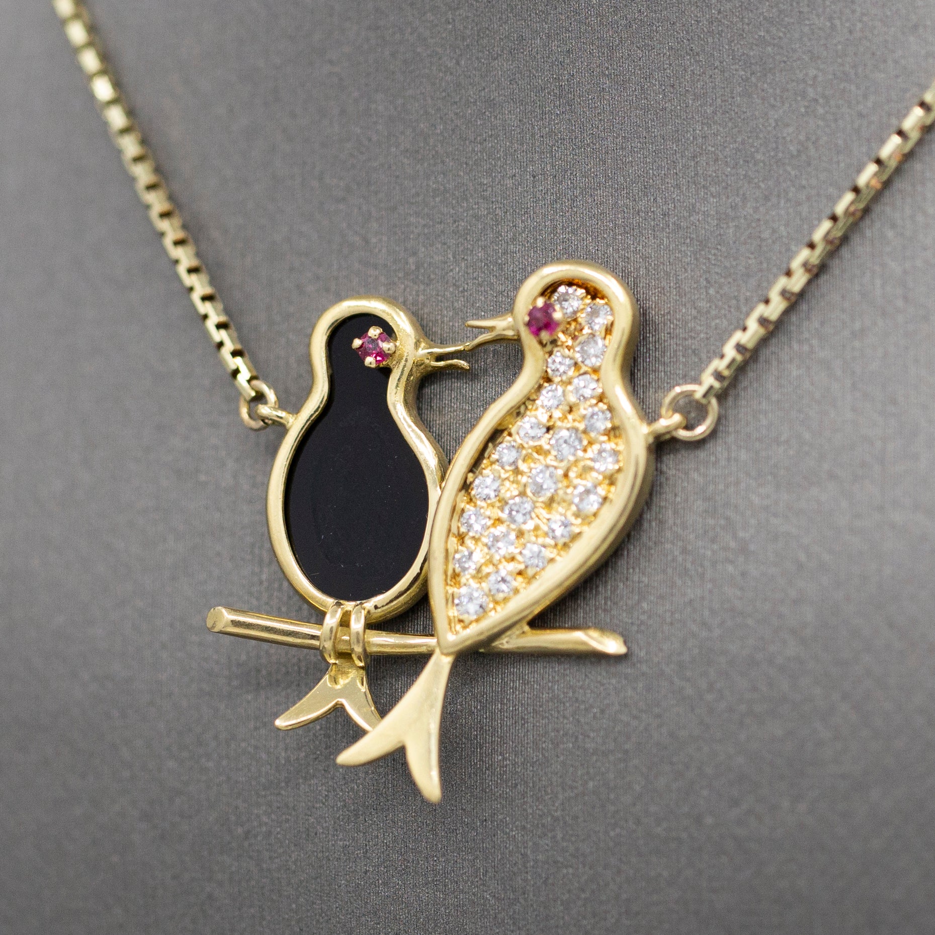Lovebirds in Diamonds and Onyx with Ruby Eyes Pendant Necklace in 14k Yellow Gold