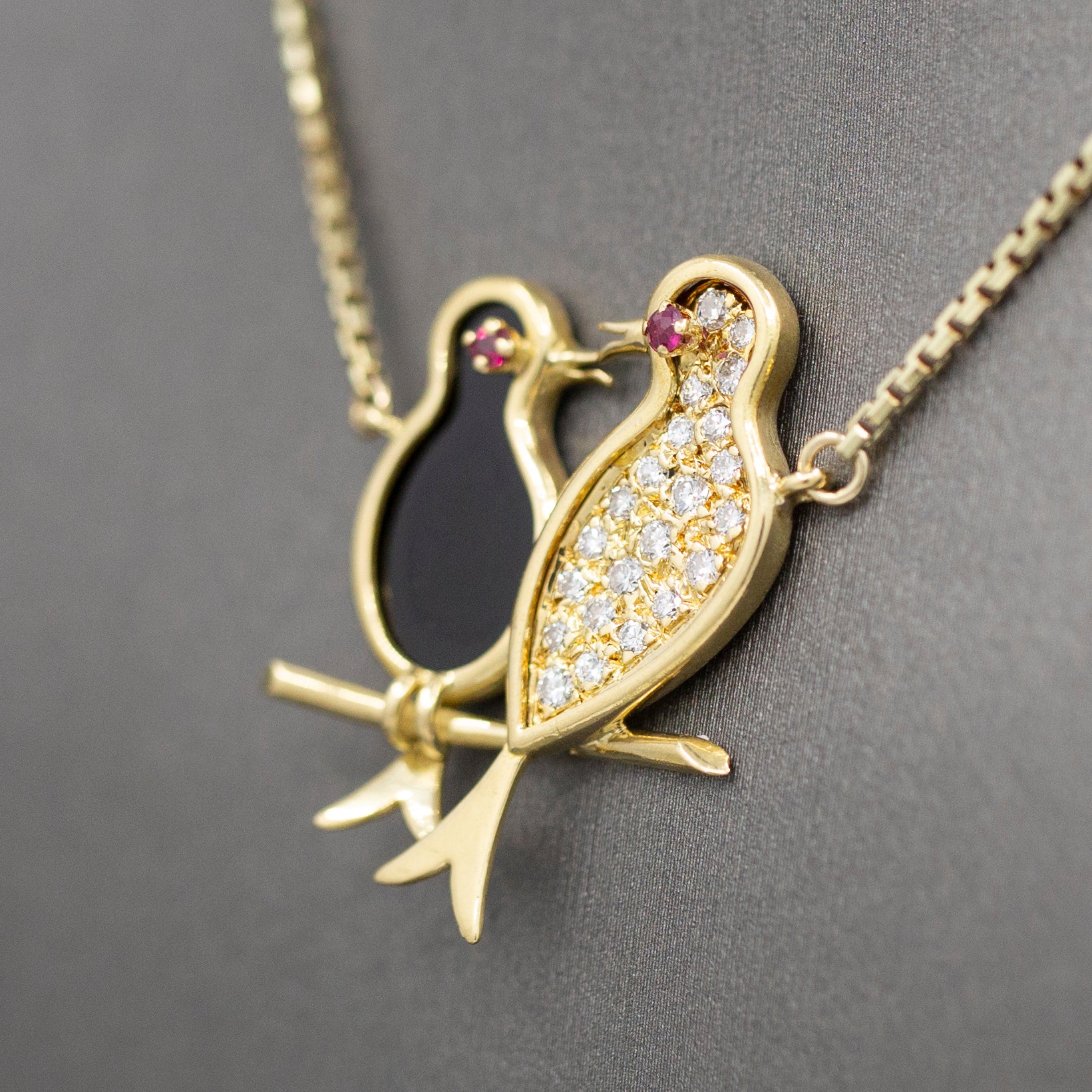 Lovebirds in Diamonds and Onyx with Ruby Eyes Pendant Necklace in 14k Yellow Gold