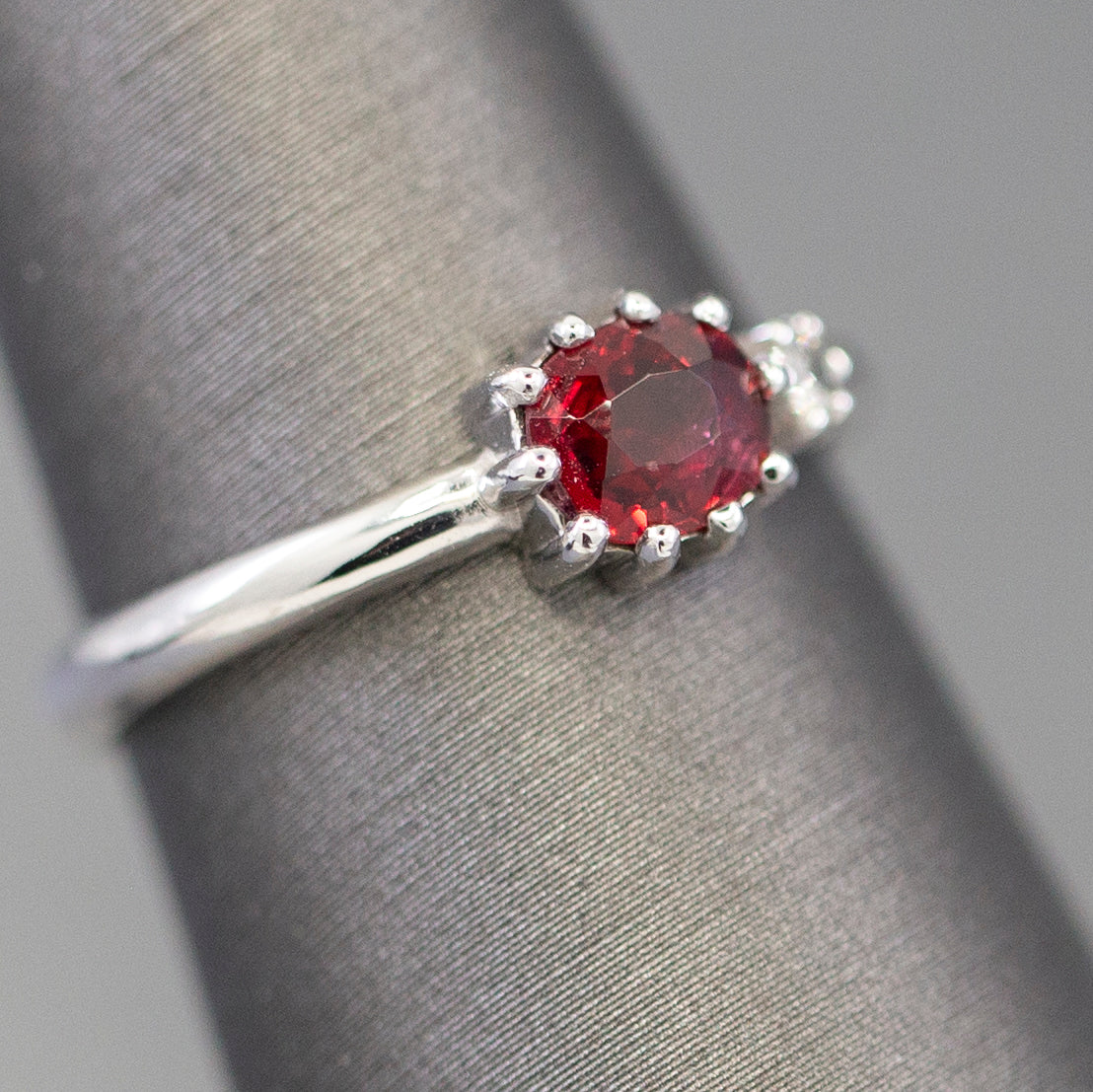 Handcrafted Natural Red Spinel and Diamond Crown Ring in 14k White Gold