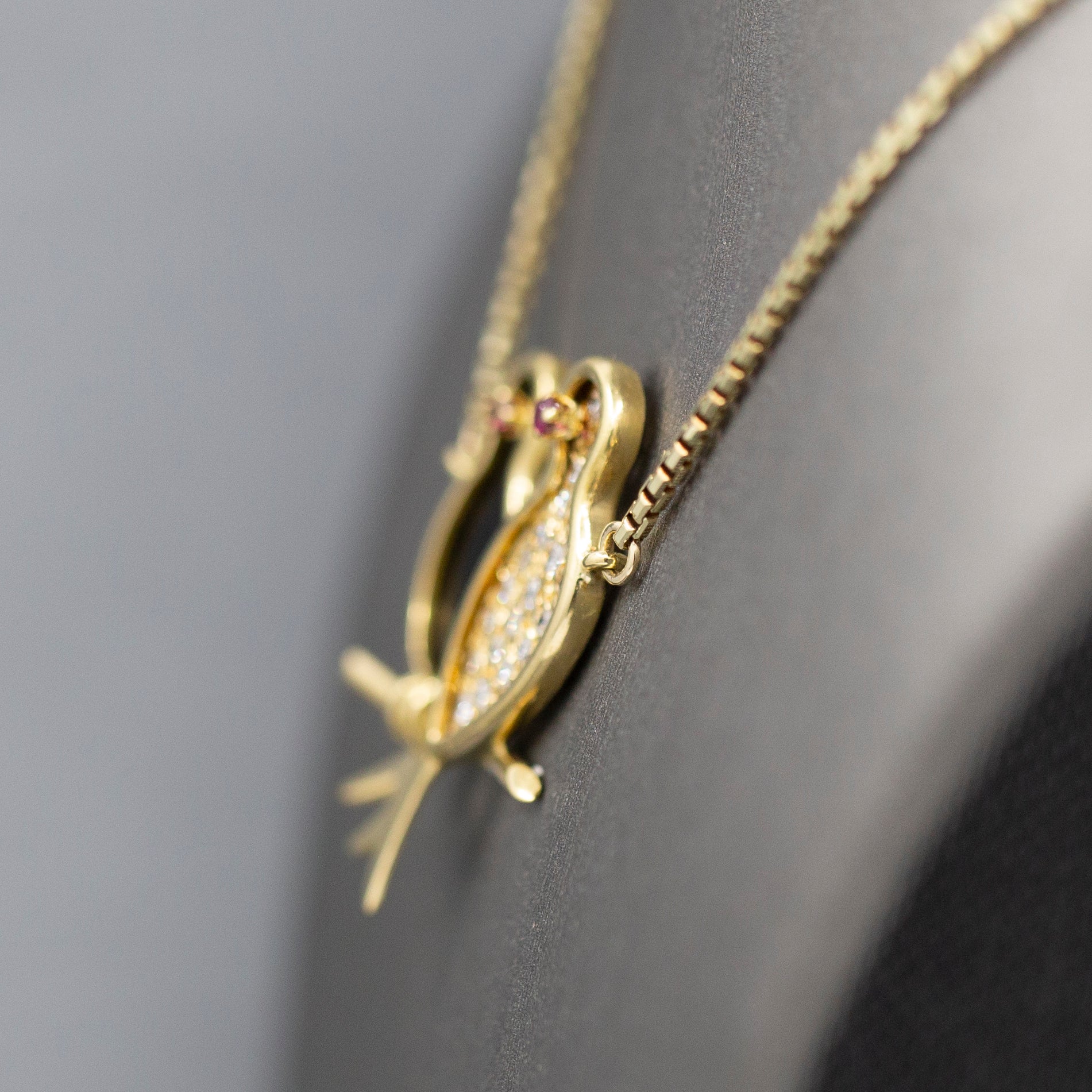 Lovebirds in Diamonds and Onyx with Ruby Eyes Pendant Necklace in 14k Yellow Gold