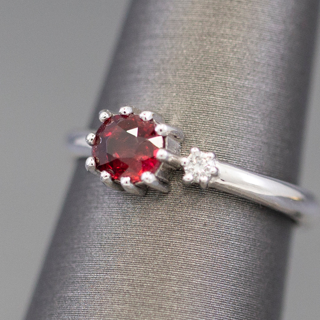 Handcrafted Natural Red Spinel and Diamond Crown Ring in 14k White Gold