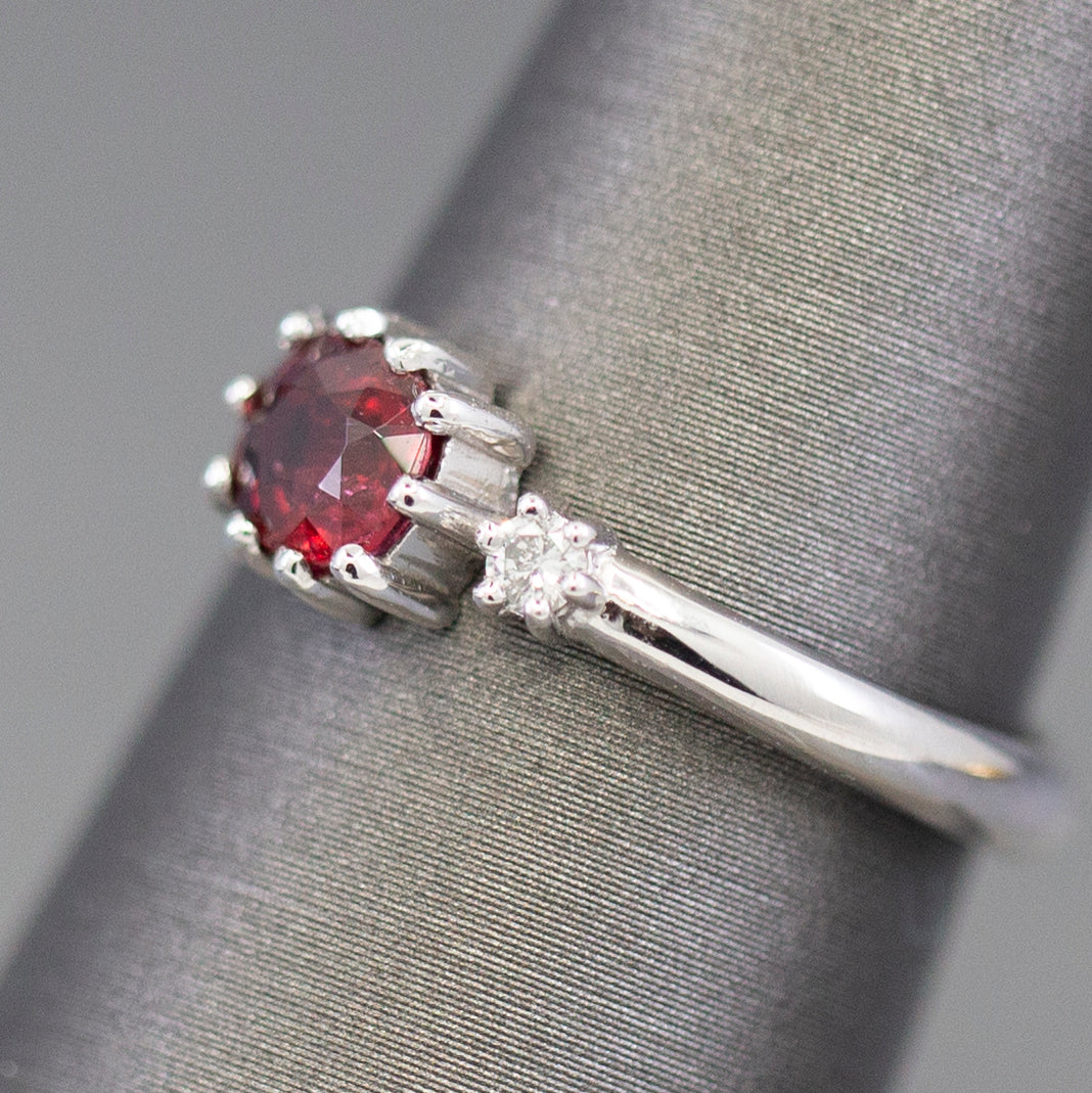 Handcrafted Natural Red Spinel and Diamond Crown Ring in 14k White Gold