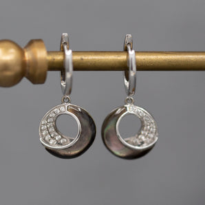 Frederic Sage Venus Crescent Black Mother of Pearl and Pave' Diamond Earrings in 14k White Gold