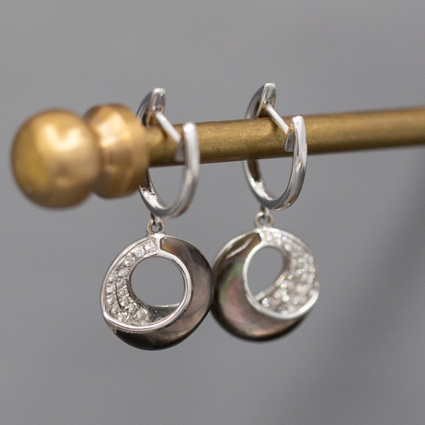 Frederic Sage Venus Crescent Black Mother of Pearl and Pave' Diamond Earrings in 14k White Gold