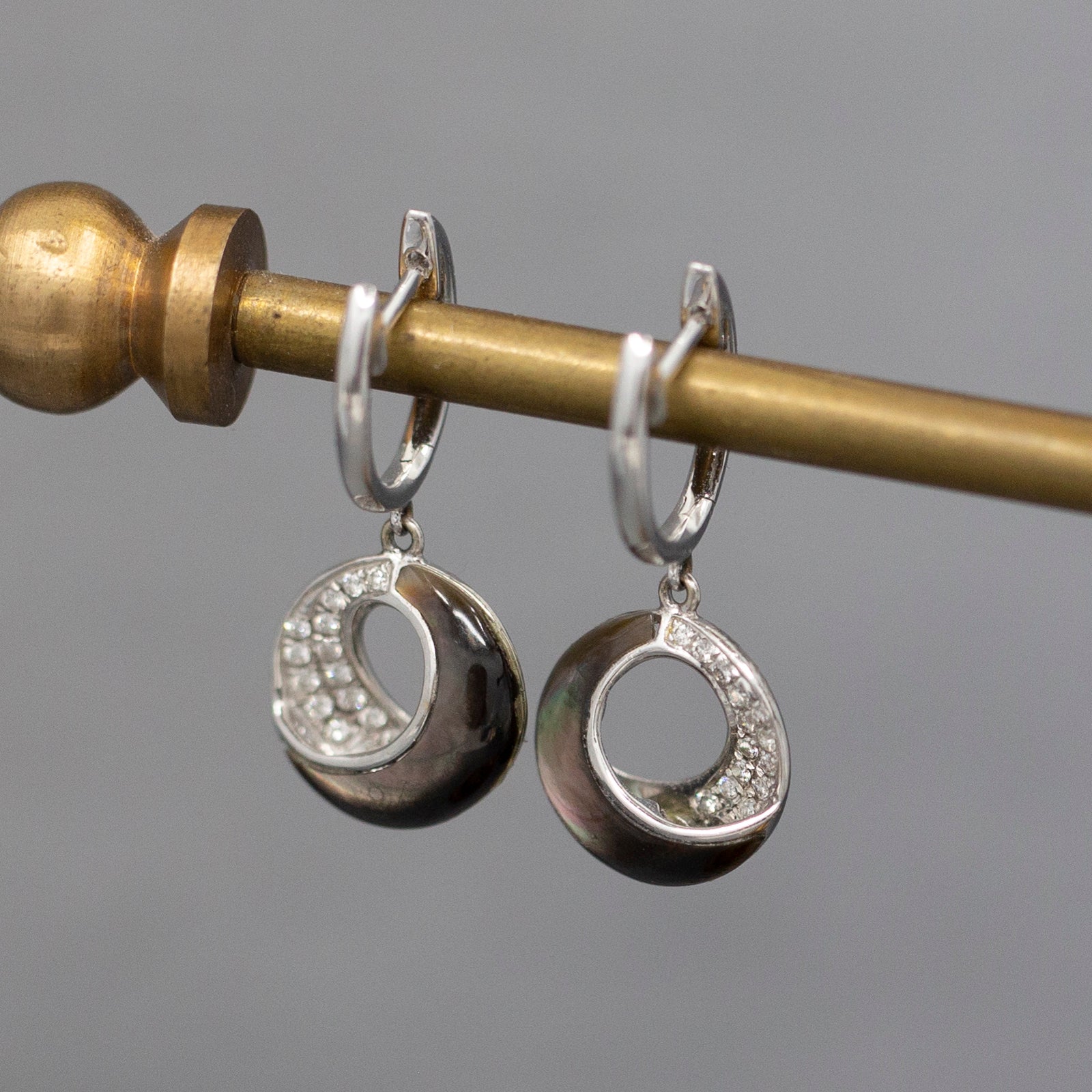 Frederic Sage Venus Crescent Black Mother of Pearl and Pave' Diamond Earrings in 14k White Gold