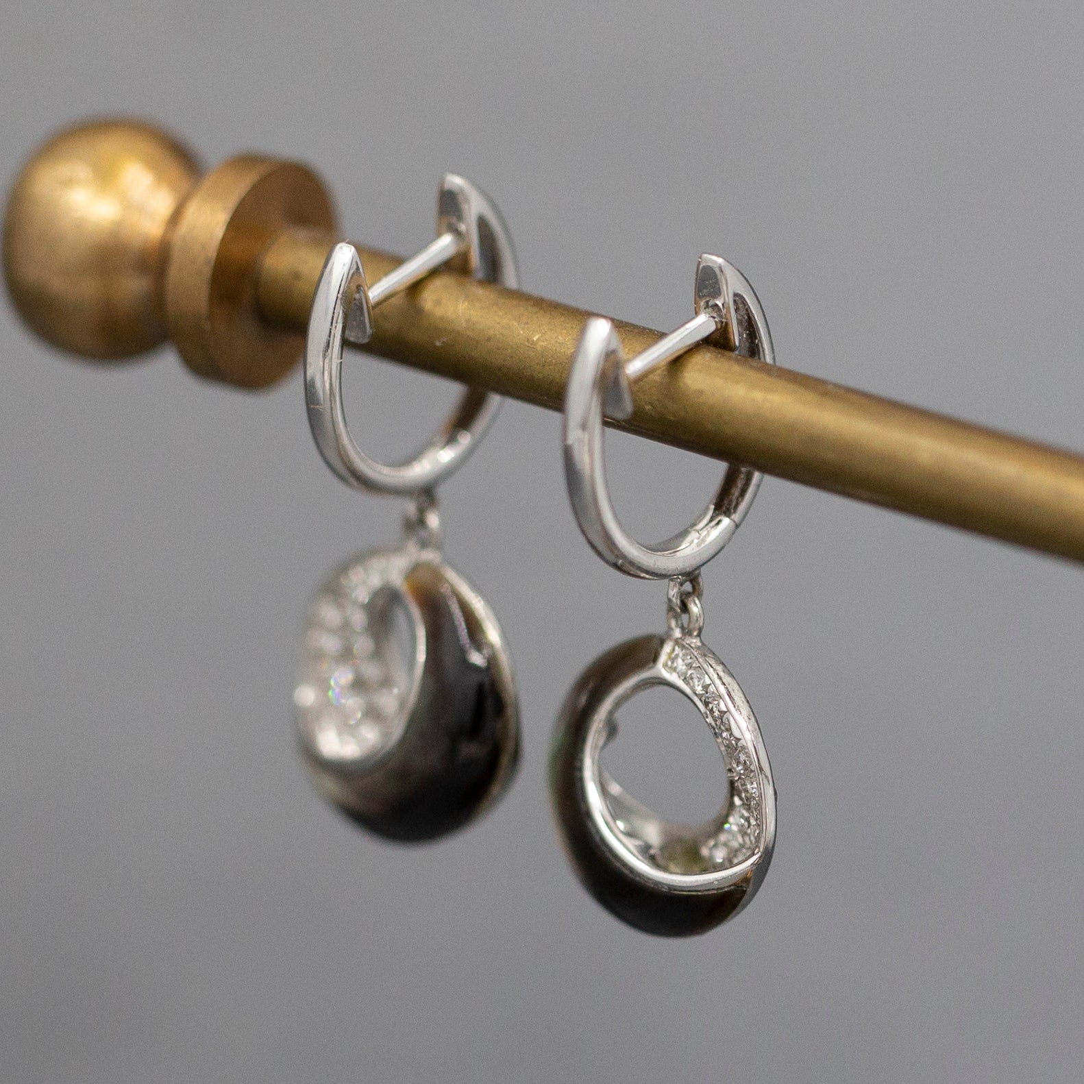 Frederic Sage Venus Crescent Black Mother of Pearl and Pave' Diamond Earrings in 14k White Gold