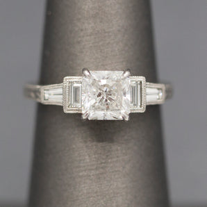 Vintage Style Princess Cut GIA Certified Diamond and Baguette Cut Engraved Engagement Ring in Platinum