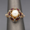 Glowing Rhodolite Garnet Cultured Pearl and Diamond Slice Mid Century Georgian Revival Statement Ring in 14k Yellow Gold
