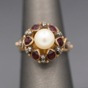 Glowing Rhodolite Garnet Cultured Pearl and Diamond Slice Mid Century Georgian Revival Statement Ring in 14k Yellow Gold
