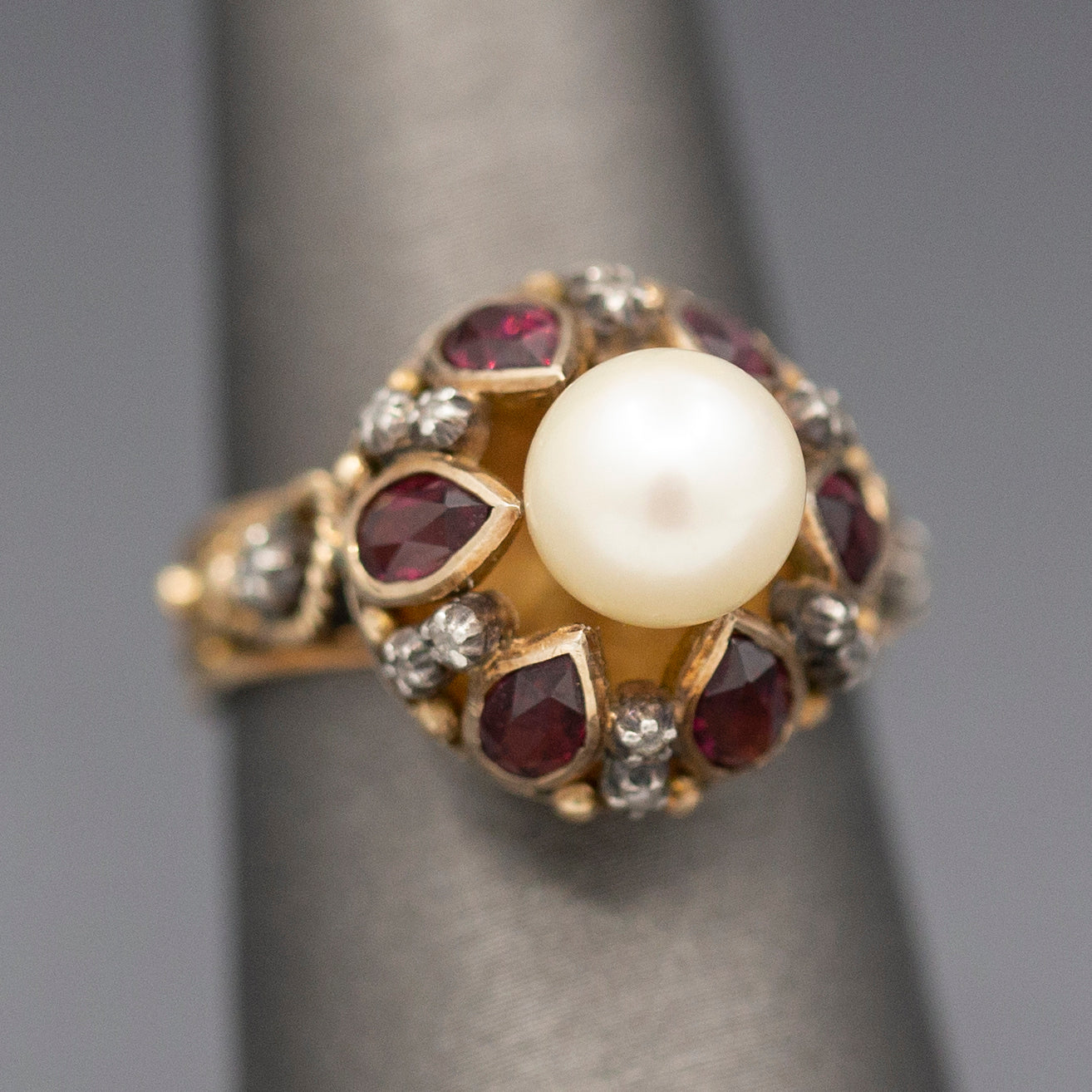 Glowing Rhodolite Garnet Cultured Pearl and Diamond Slice Mid Century Georgian Revival Statement Ring in 14k Yellow Gold