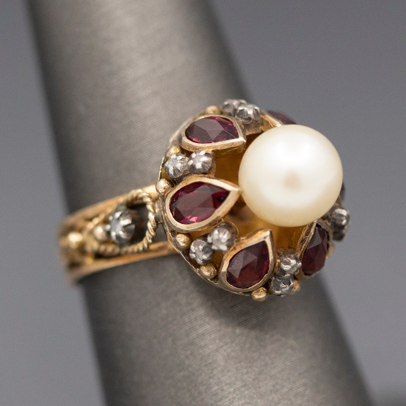 Glowing Rhodolite Garnet Cultured Pearl and Diamond Slice Mid Century Georgian Revival Statement Ring in 14k Yellow Gold