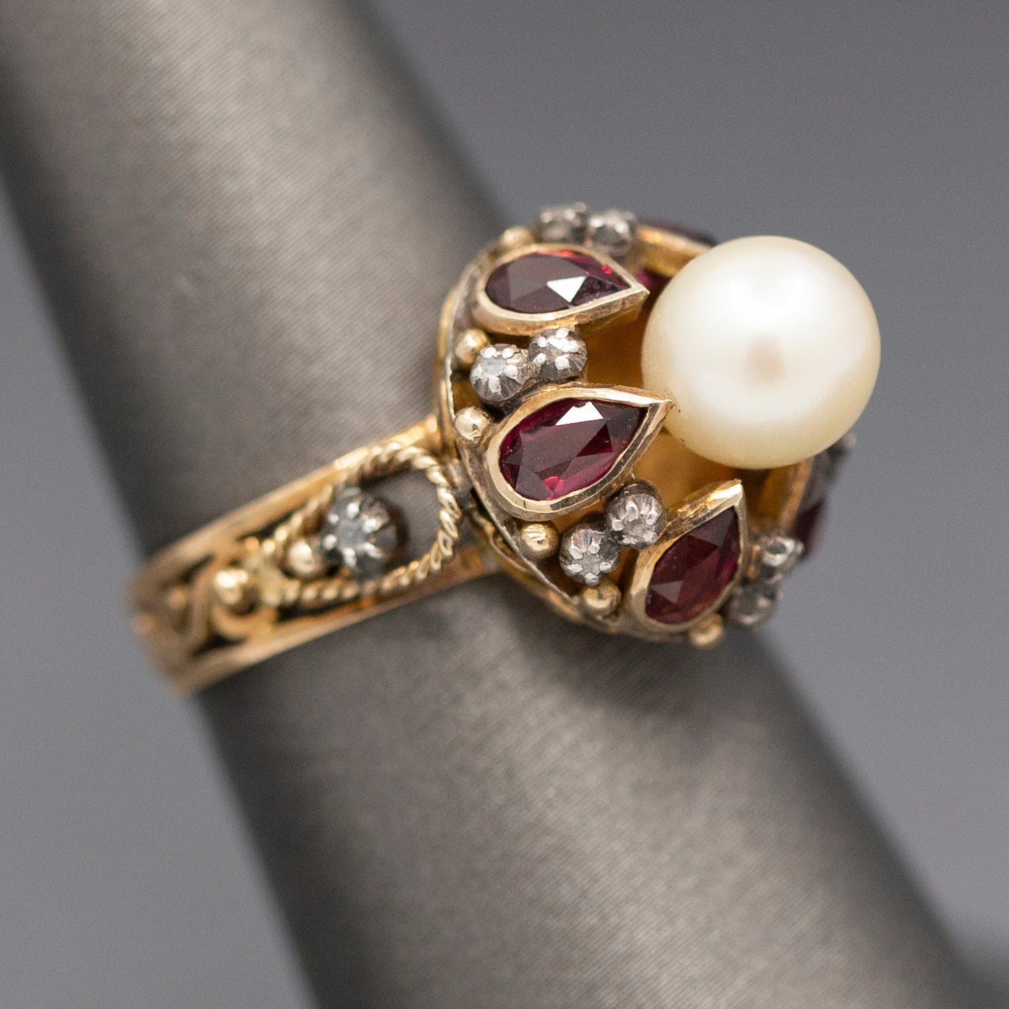 Glowing Rhodolite Garnet Cultured Pearl and Diamond Slice Mid Century Georgian Revival Statement Ring in 14k Yellow Gold