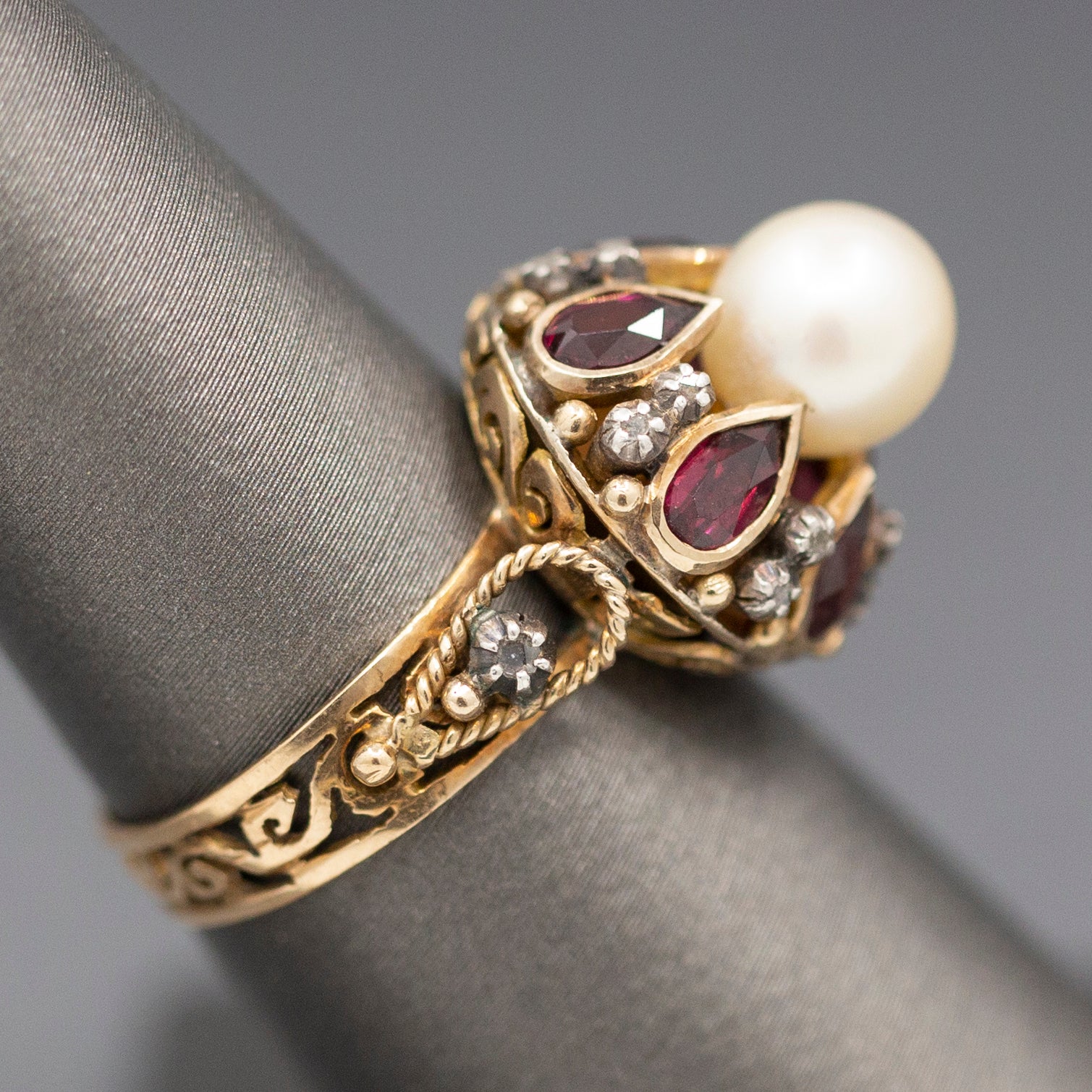 Glowing Rhodolite Garnet Cultured Pearl and Diamond Slice Mid Century Georgian Revival Statement Ring in 14k Yellow Gold