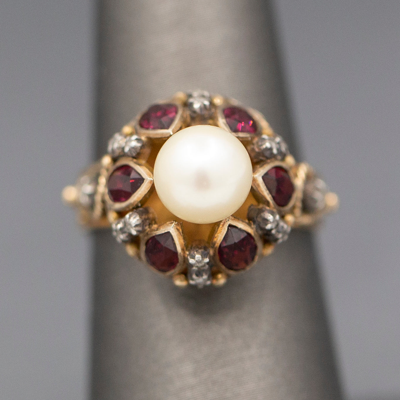 Glowing Rhodolite Garnet Cultured Pearl and Diamond Slice Mid Century Georgian Revival Statement Ring in 14k Yellow Gold
