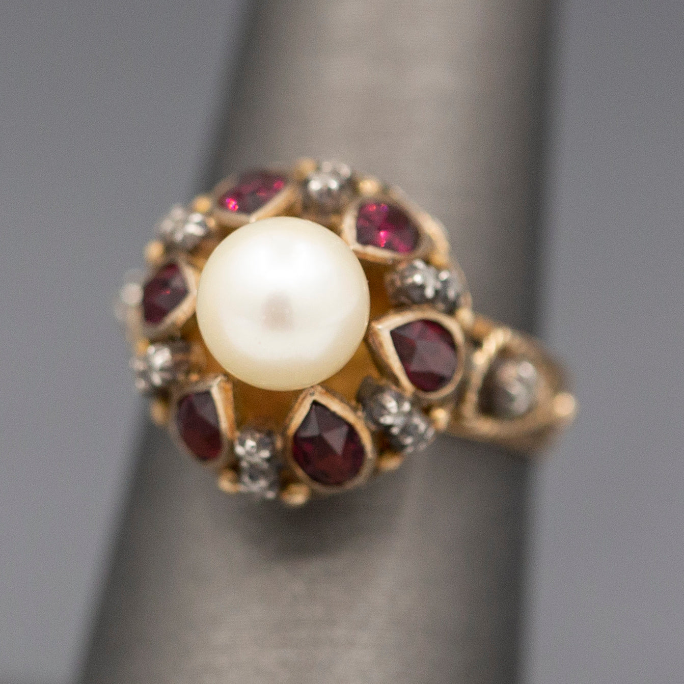 Glowing Rhodolite Garnet Cultured Pearl and Diamond Slice Mid Century Georgian Revival Statement Ring in 14k Yellow Gold