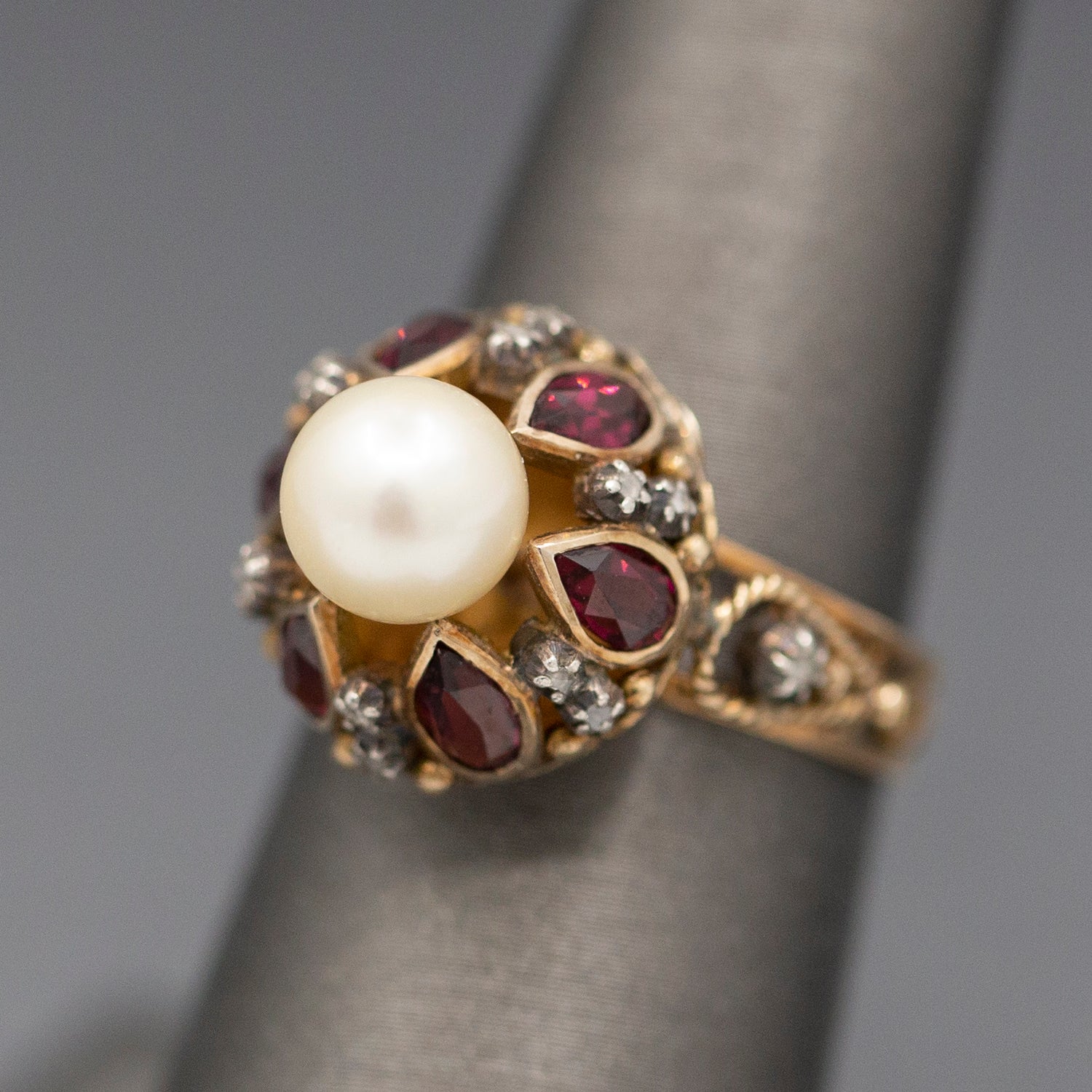 Glowing Rhodolite Garnet Cultured Pearl and Diamond Slice Mid Century Georgian Revival Statement Ring in 14k Yellow Gold