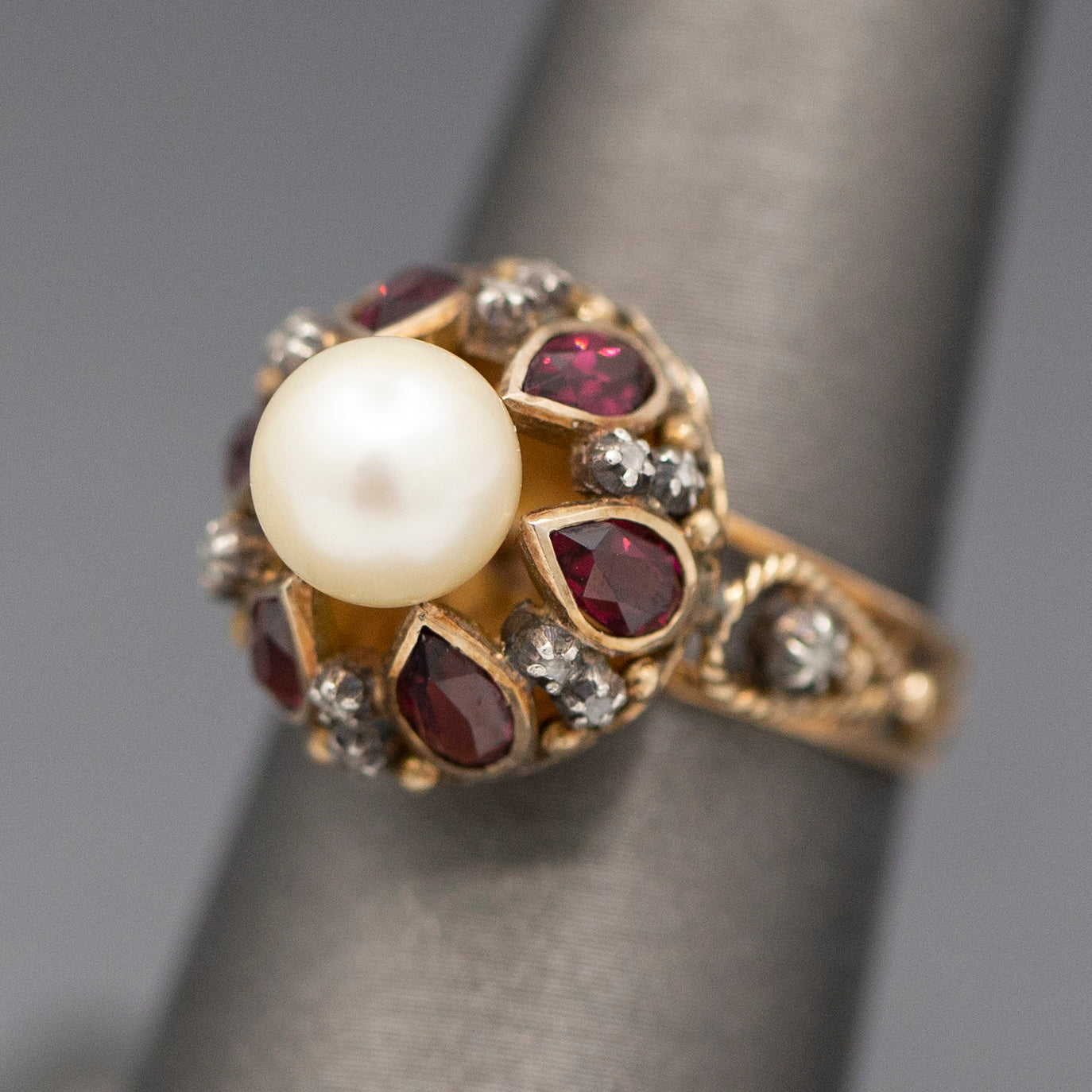 Glowing Rhodolite Garnet Cultured Pearl and Diamond Slice Mid Century Georgian Revival Statement Ring in 14k Yellow Gold
