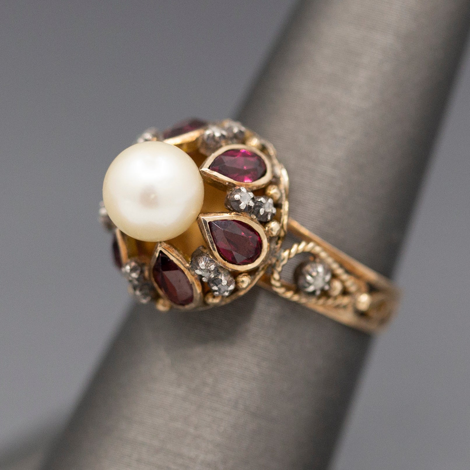 Glowing Rhodolite Garnet Cultured Pearl and Diamond Slice Mid Century Georgian Revival Statement Ring in 14k Yellow Gold