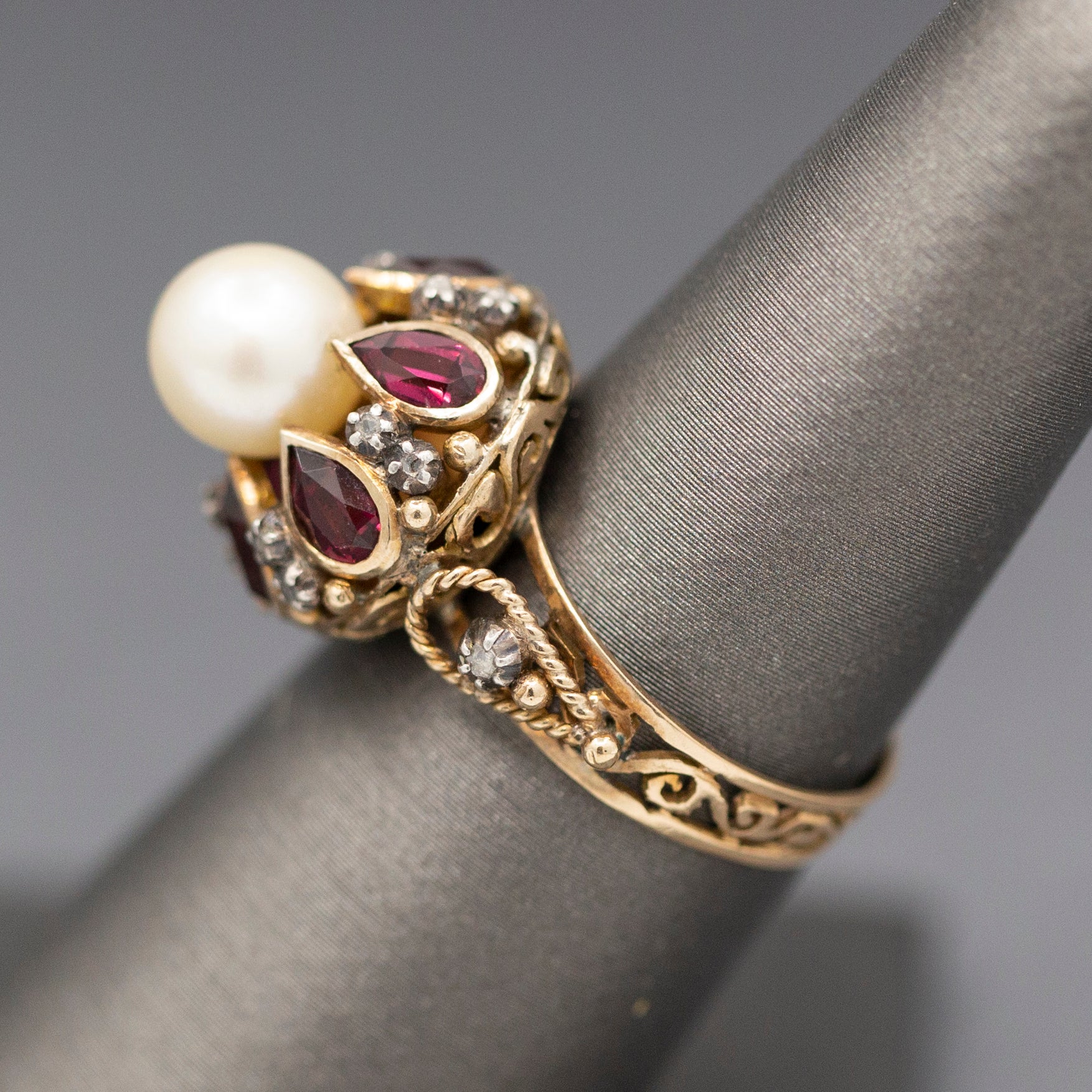 Glowing Rhodolite Garnet Cultured Pearl and Diamond Slice Mid Century Georgian Revival Statement Ring in 14k Yellow Gold