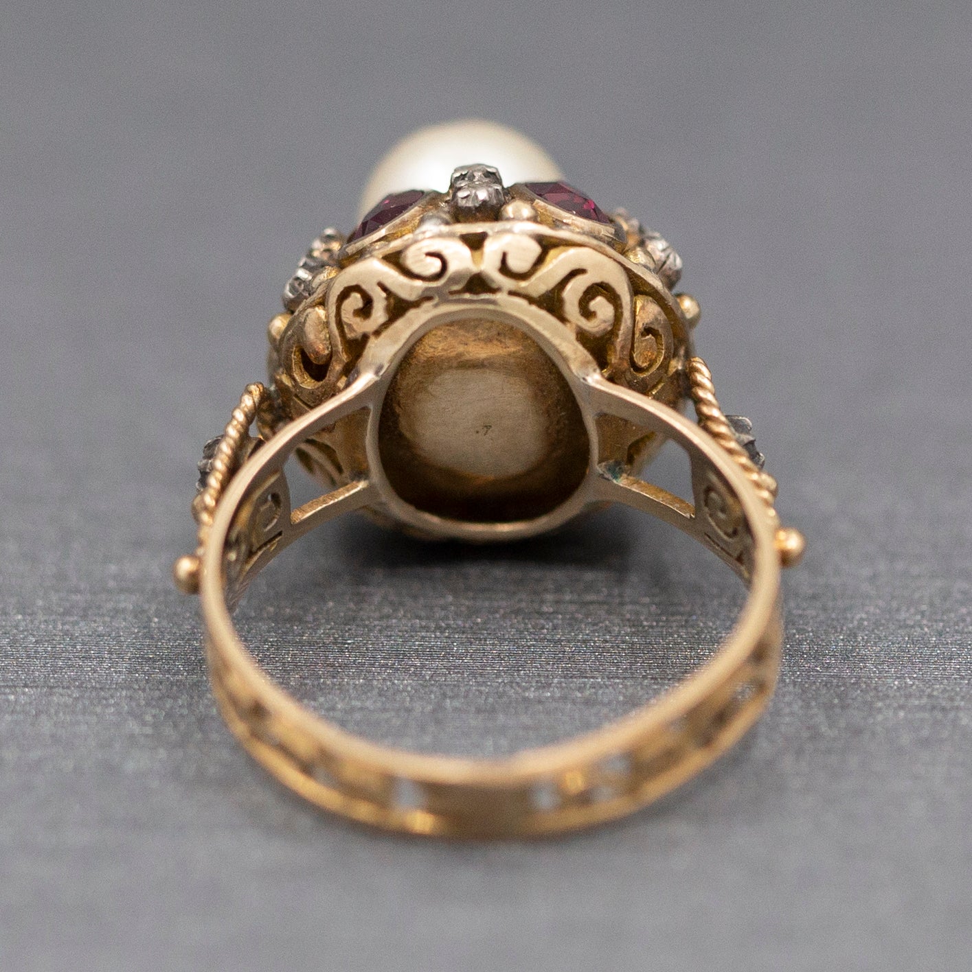 Glowing Rhodolite Garnet Cultured Pearl and Diamond Slice Mid Century Georgian Revival Statement Ring in 14k Yellow Gold