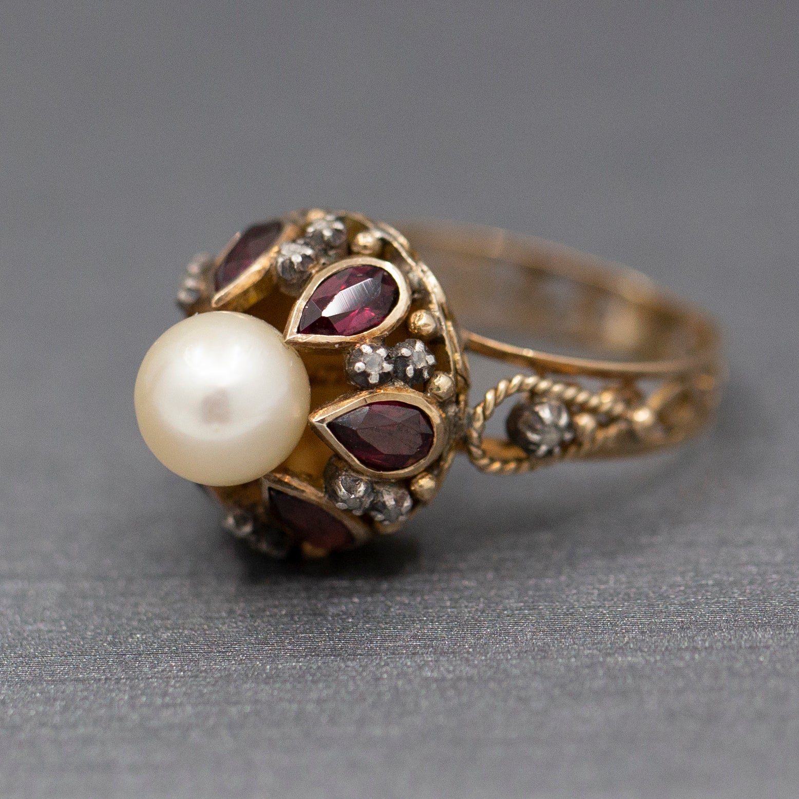 Glowing Rhodolite Garnet Cultured Pearl and Diamond Slice Mid Century Georgian Revival Statement Ring in 14k Yellow Gold