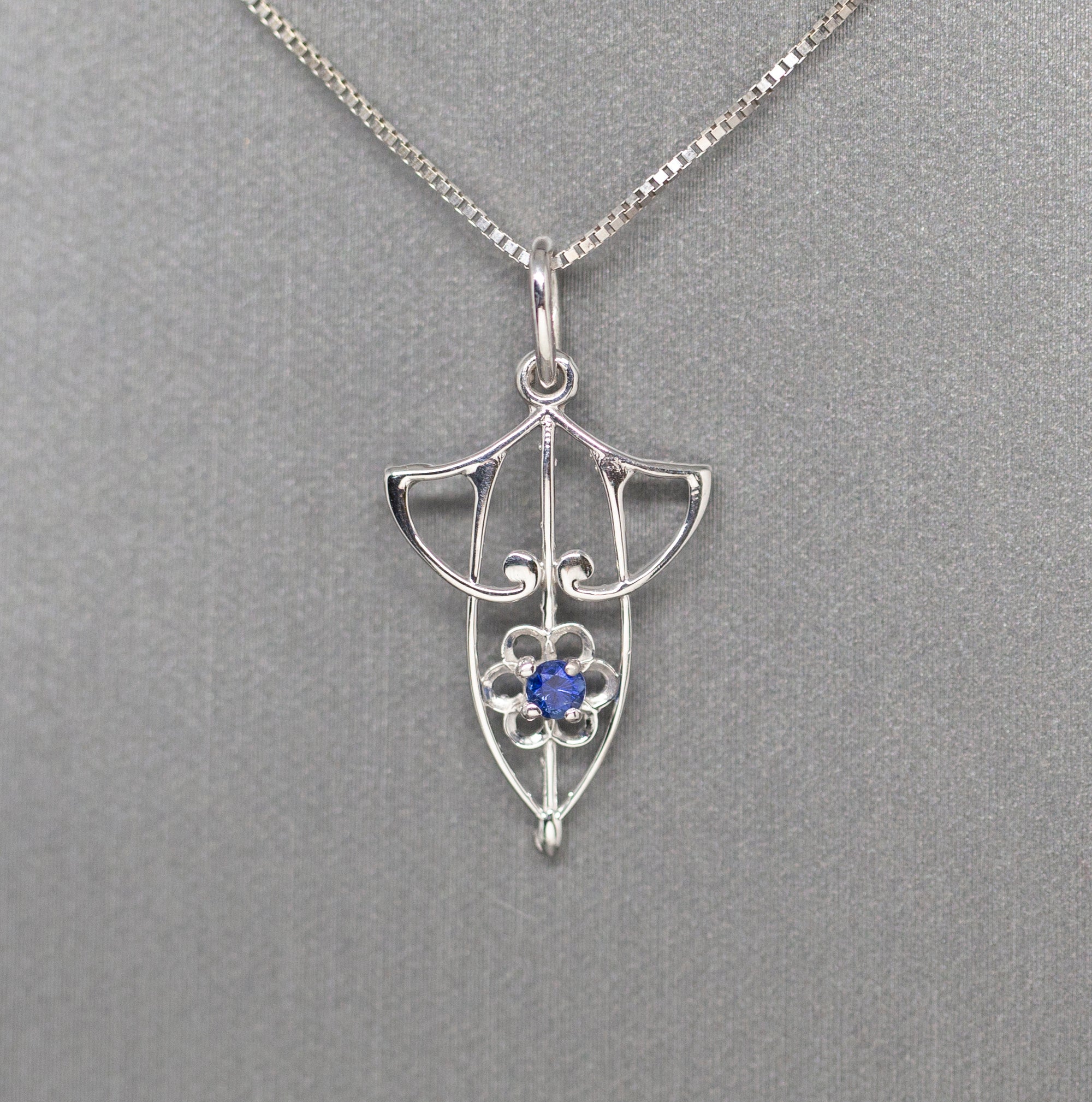 Art Nouveau Inspired Sapphire Pendant Necklace in 14k White Gold 18"