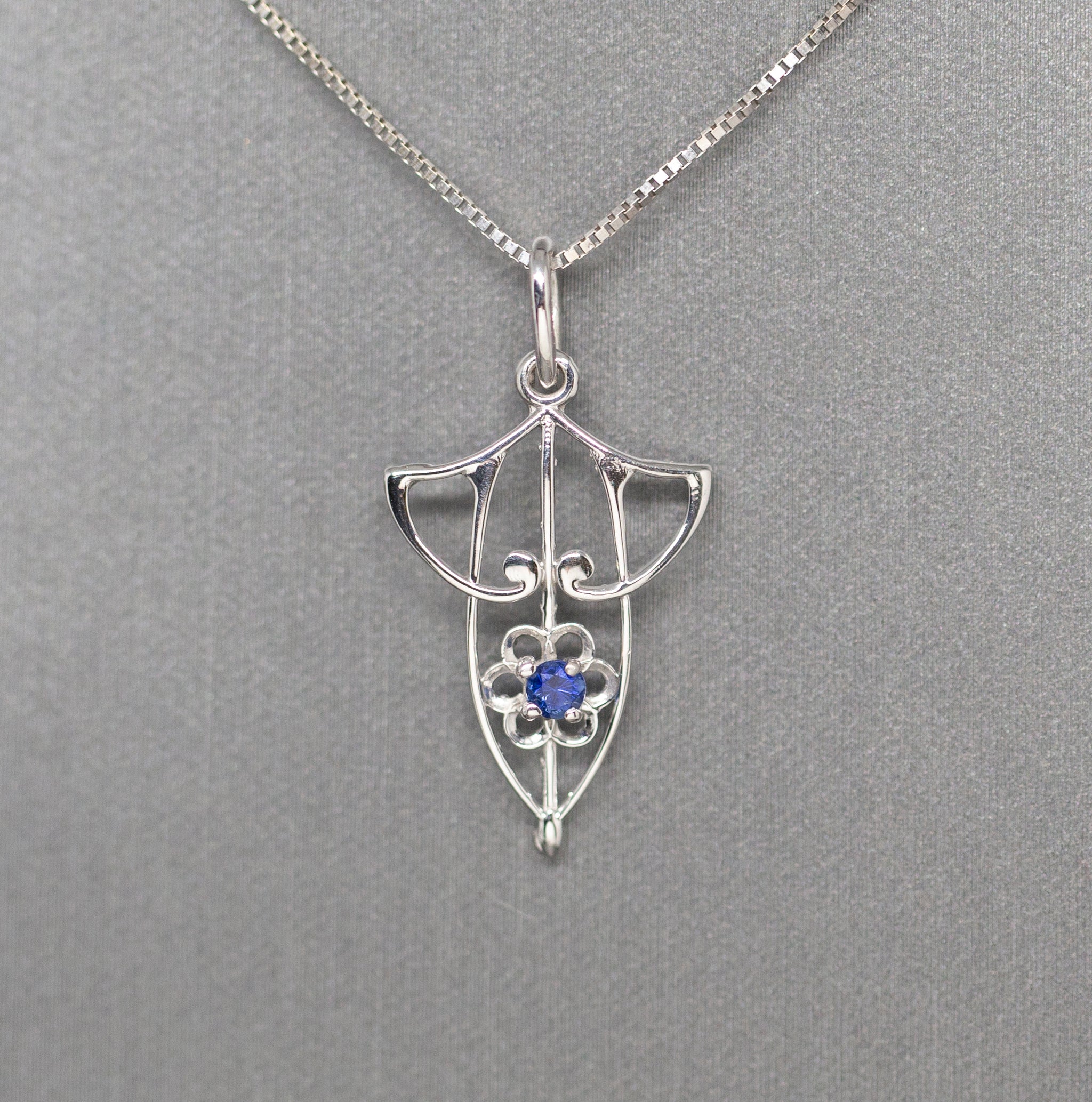 Art Nouveau Inspired Sapphire Pendant Necklace in 14k White Gold 18"