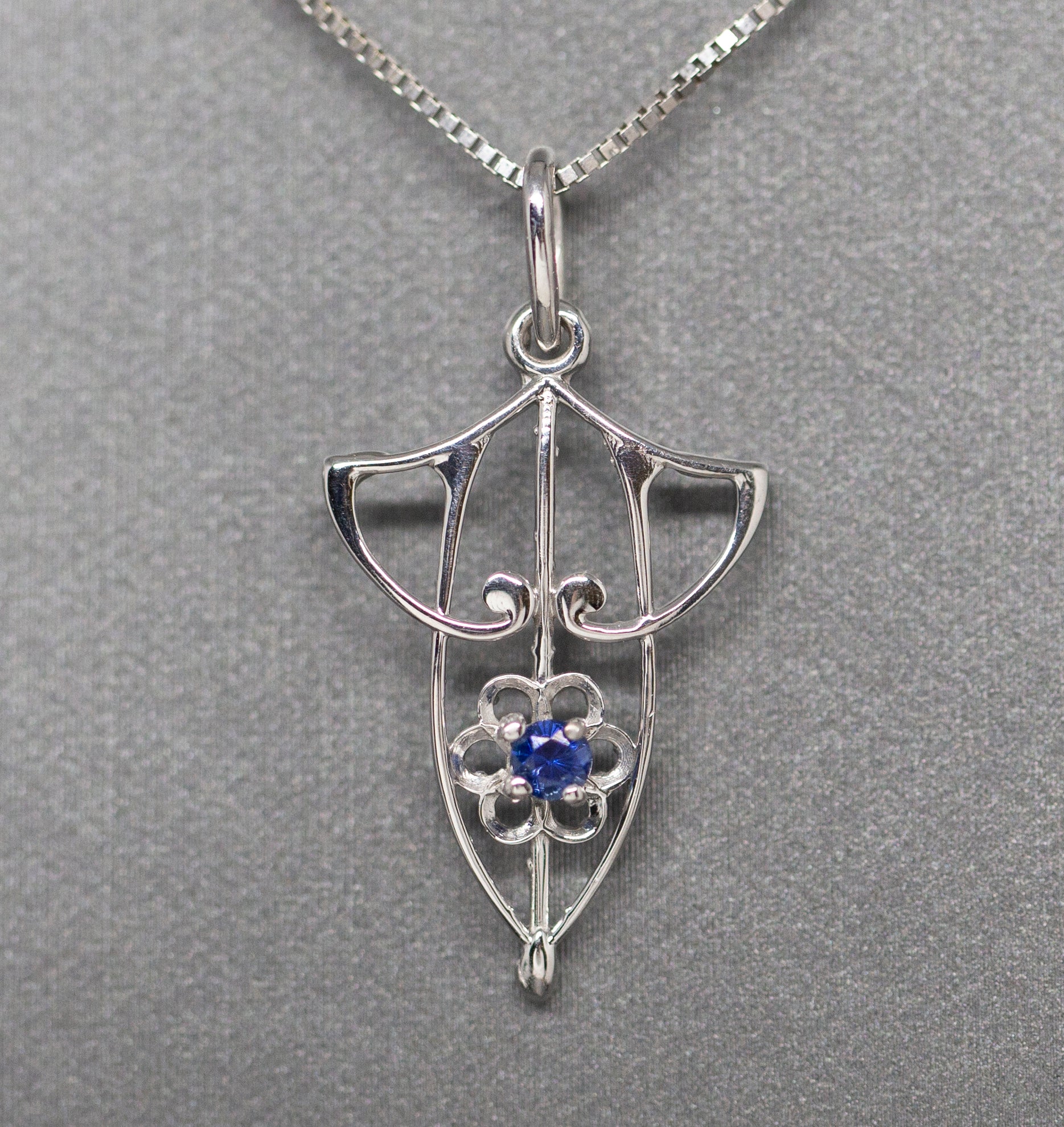 Art Nouveau Inspired Sapphire Pendant Necklace in 14k White Gold 18"