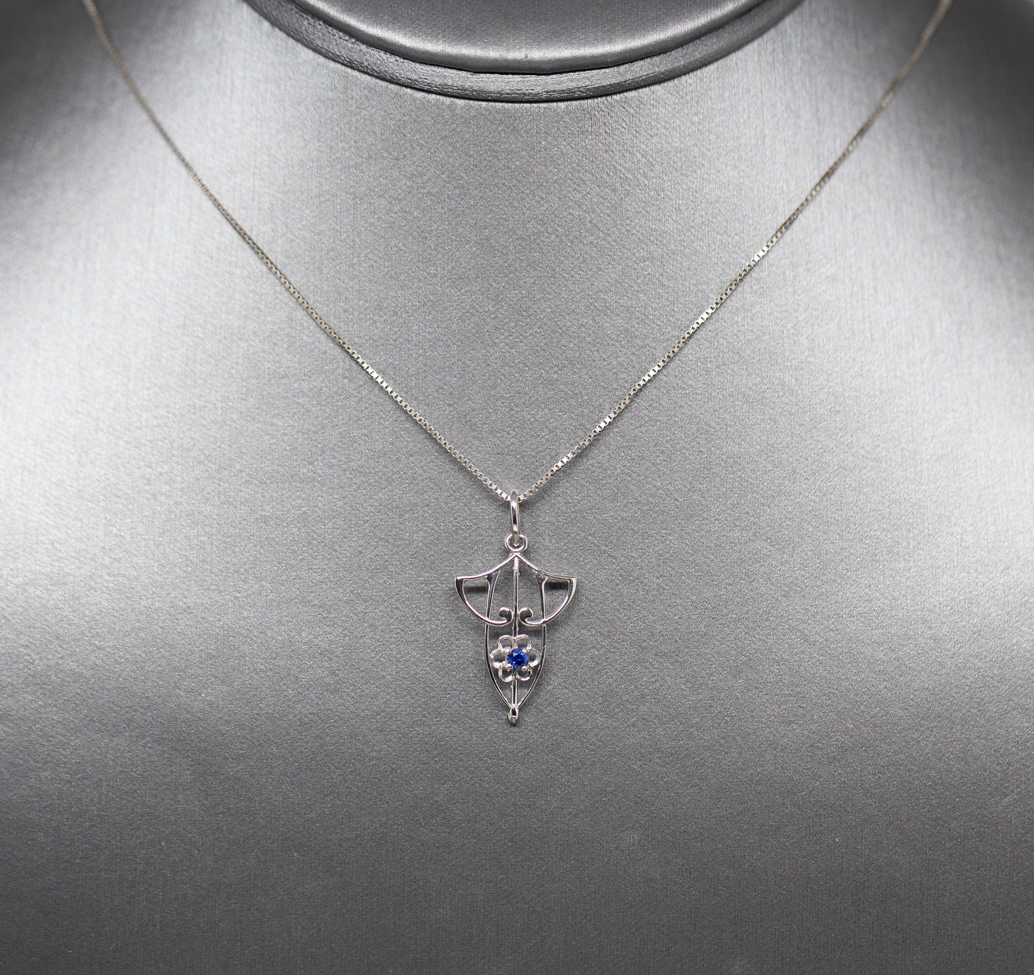 Art Nouveau Inspired Sapphire Pendant Necklace in 14k White Gold 18"
