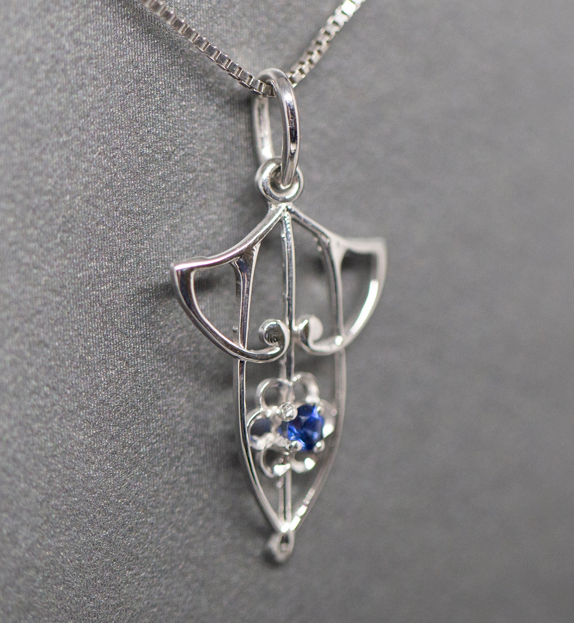 Art Nouveau Inspired Sapphire Pendant Necklace in 14k White Gold 18"
