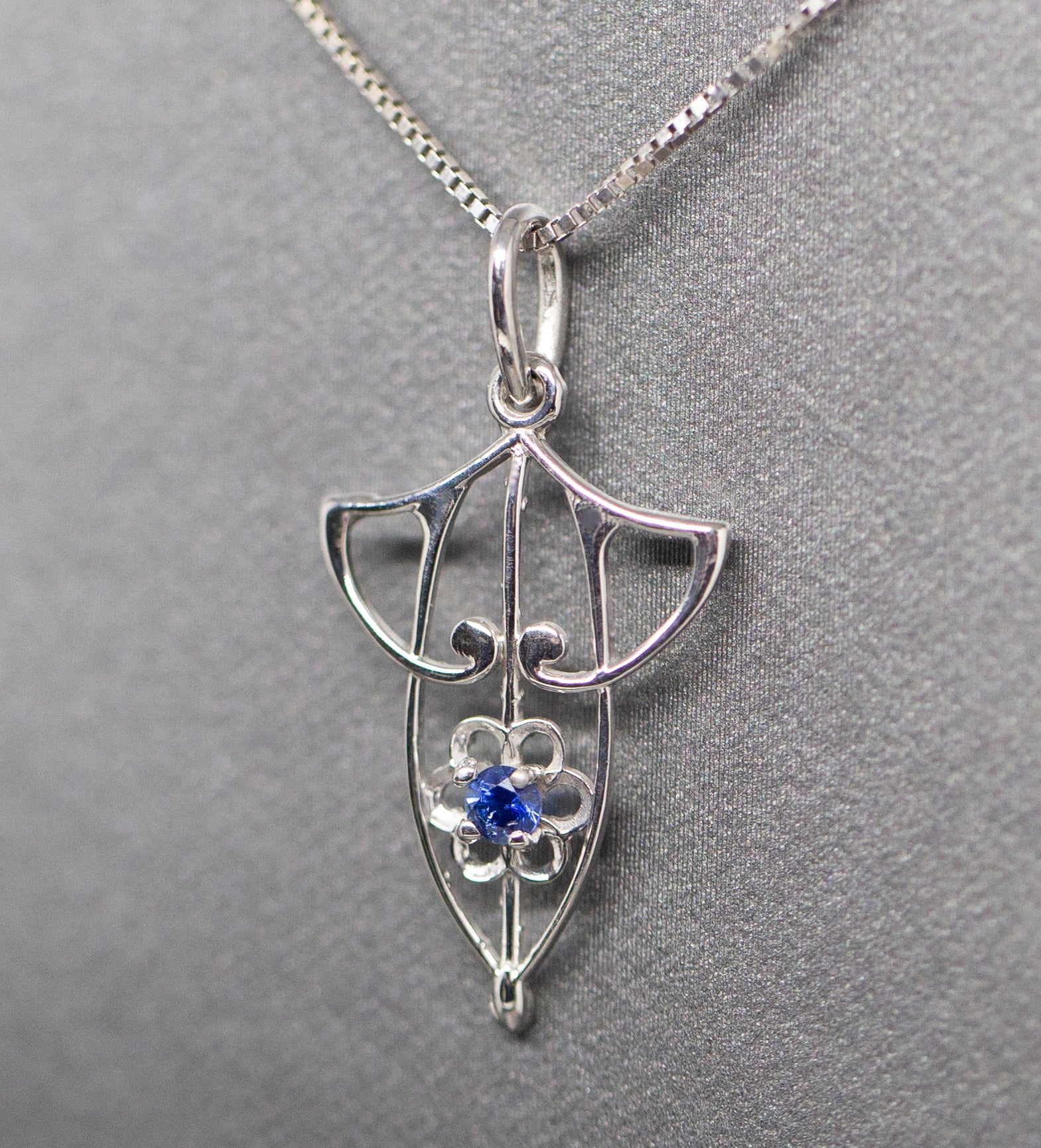 Art Nouveau Inspired Sapphire Pendant Necklace in 14k White Gold 18"