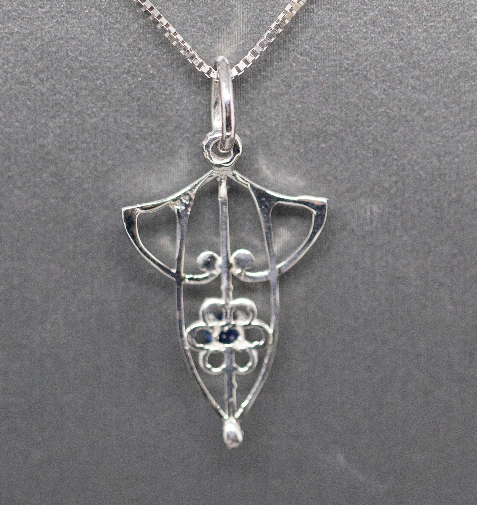 Art Nouveau Inspired Sapphire Pendant Necklace in 14k White Gold 18"