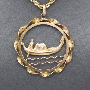 Venice Gondolier and Gondola On the Water Pendant Charm In 18k Yellow Gold