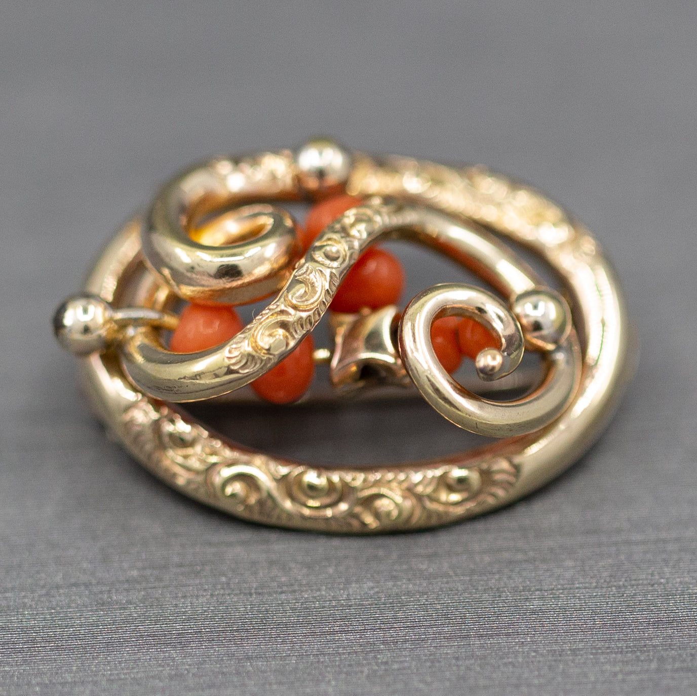 Victorian Coral and Engraved Brooch in 14k Yellow Gold