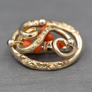 Victorian Coral and Engraved Brooch in 14k Yellow Gold