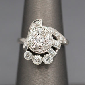 Early Retro Lady's Diamond Dinner Ring with Old European Cut and Baguettes in 14k White Gold