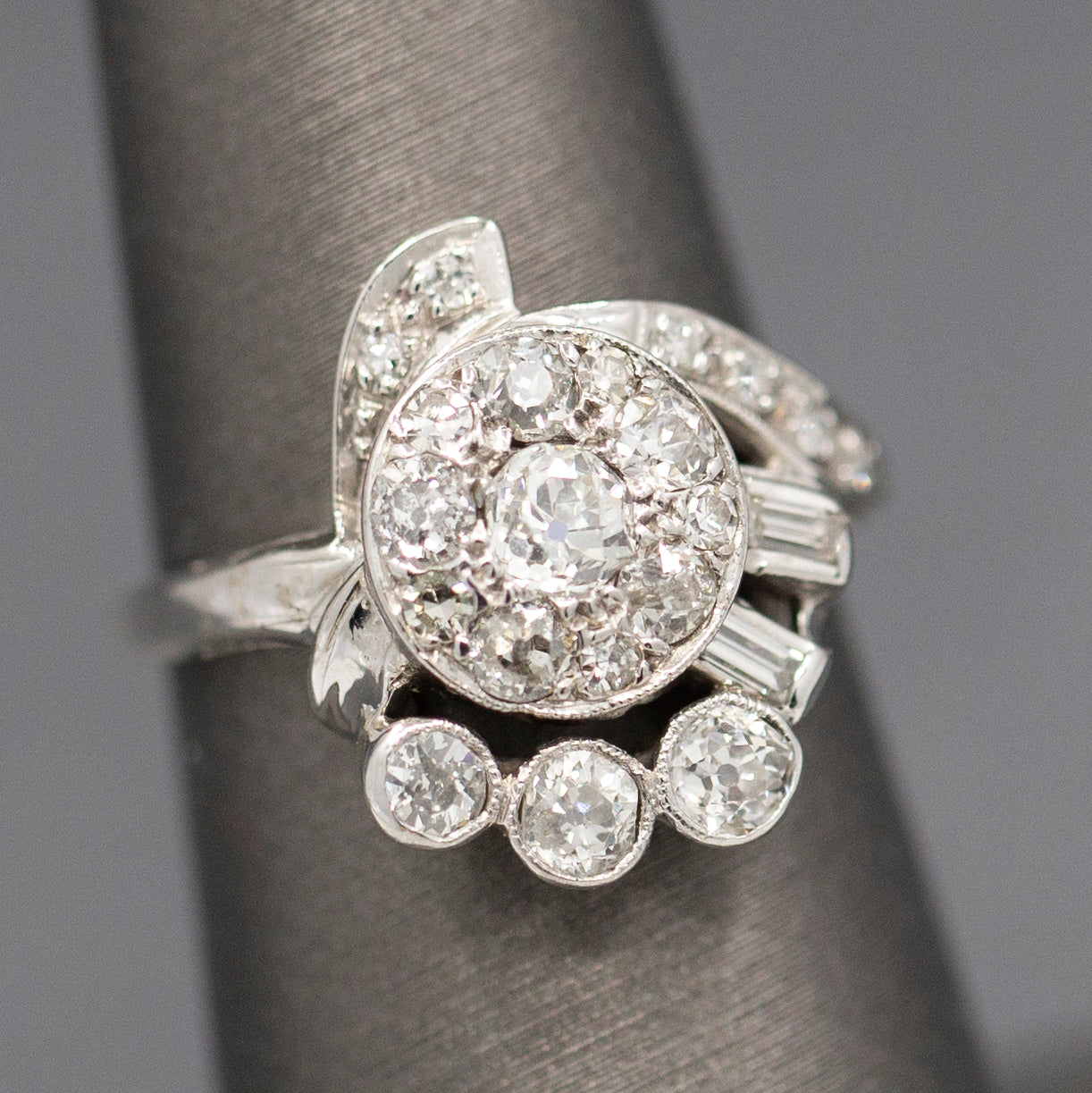 Early Retro Lady's Diamond Dinner Ring with Old European Cut and Baguettes in 14k White Gold