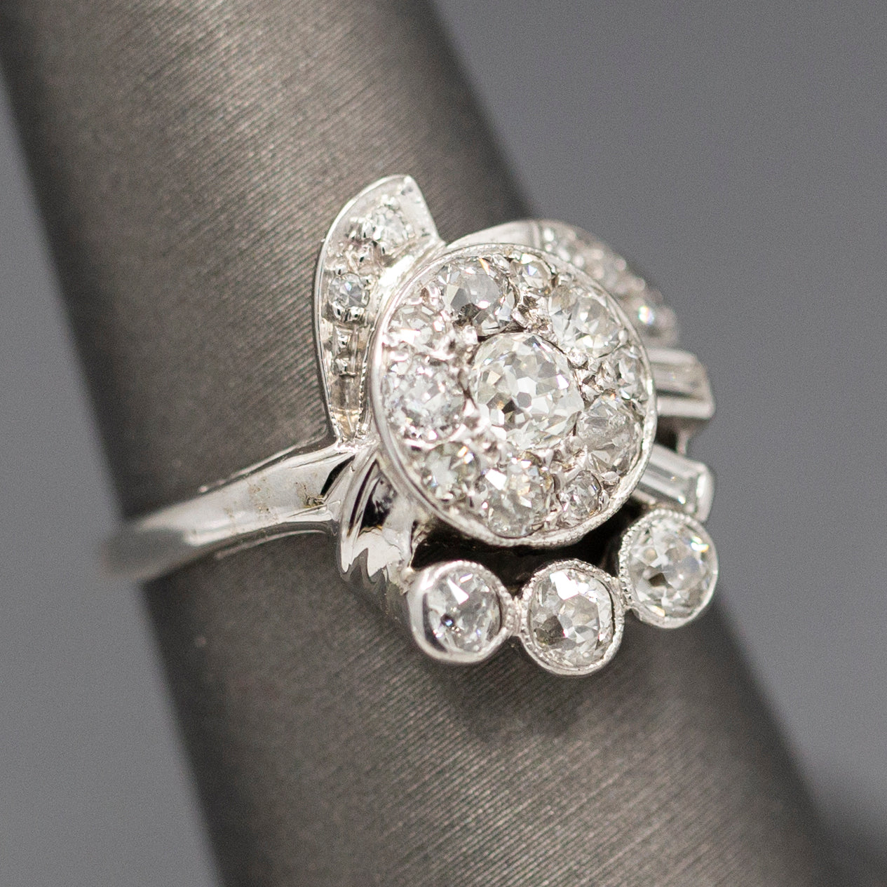 Early Retro Lady's Diamond Dinner Ring with Old European Cut and Baguettes in 14k White Gold