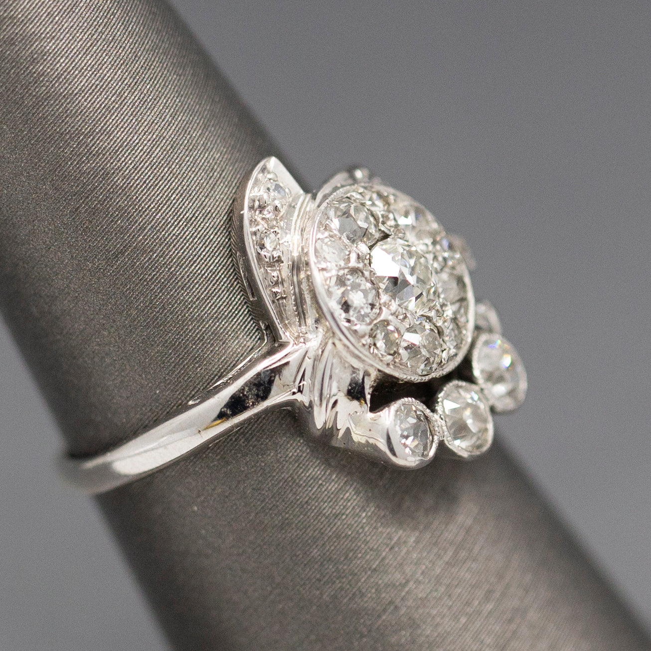 Early Retro Lady's Diamond Dinner Ring with Old European Cut and Baguettes in 14k White Gold