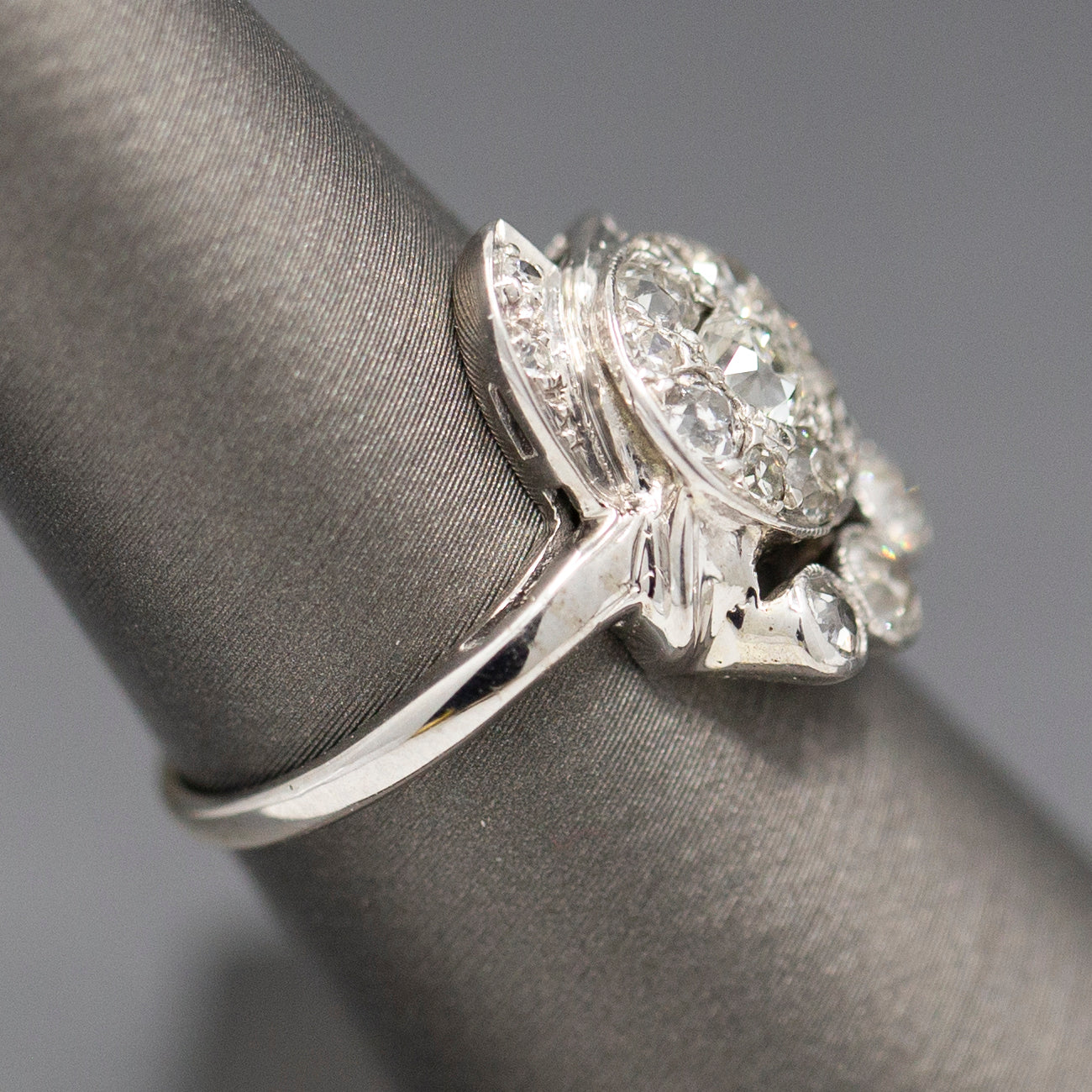 Early Retro Lady's Diamond Dinner Ring with Old European Cut and Baguettes in 14k White Gold