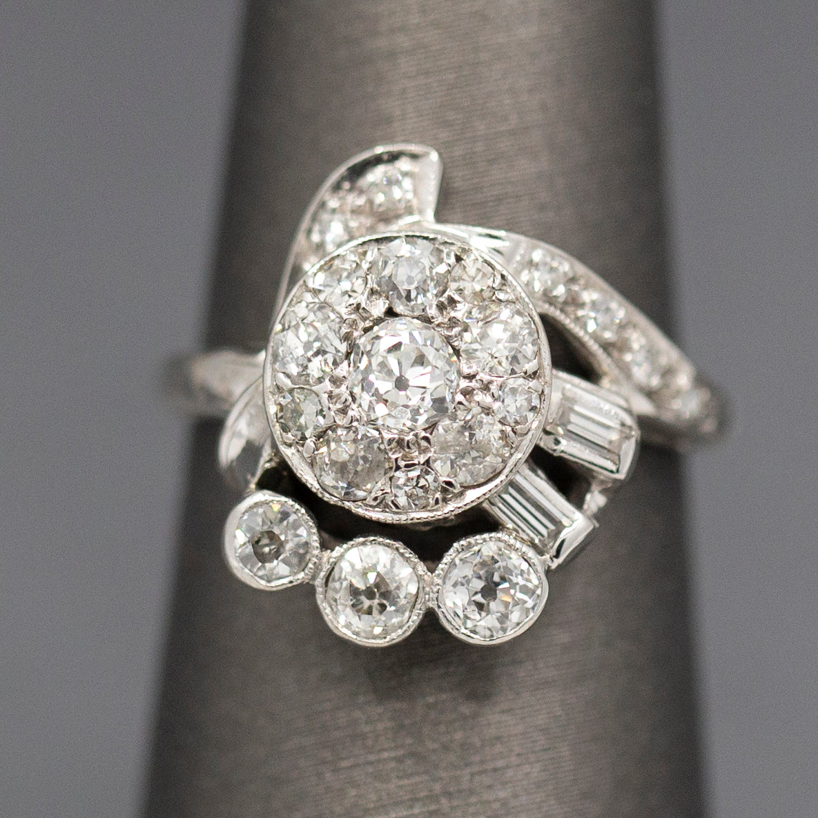 Early Retro Lady's Diamond Dinner Ring with Old European Cut and Baguettes in 14k White Gold