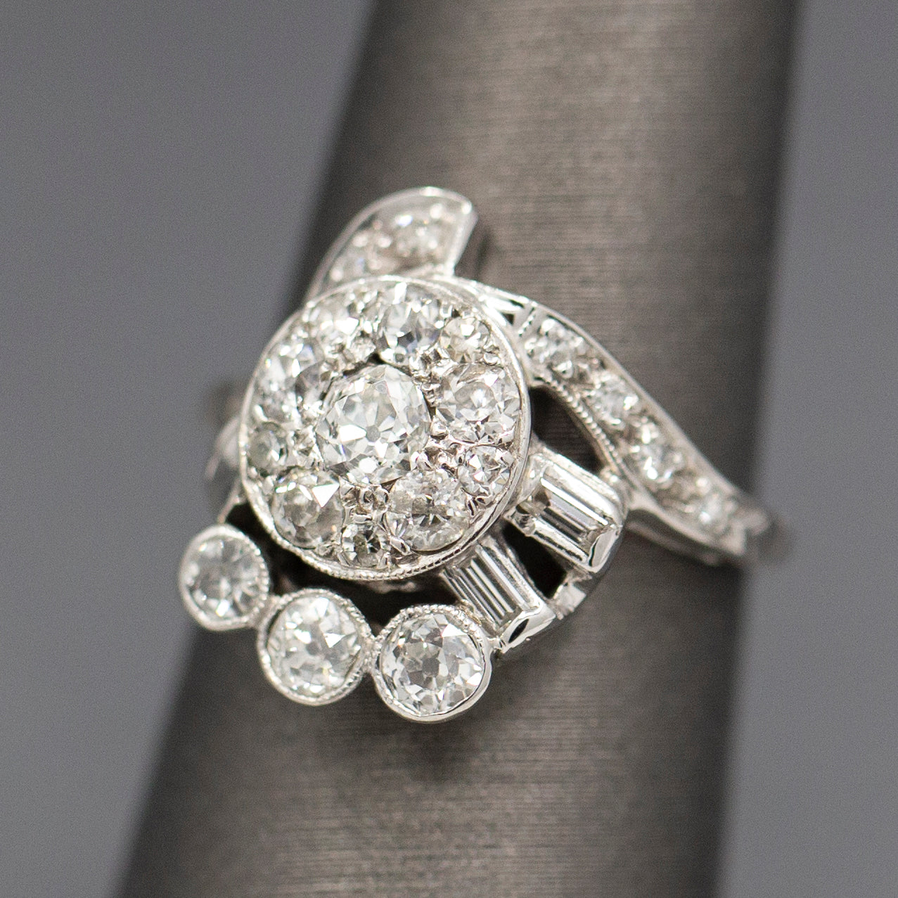 Early Retro Lady's Diamond Dinner Ring with Old European Cut and Baguettes in 14k White Gold