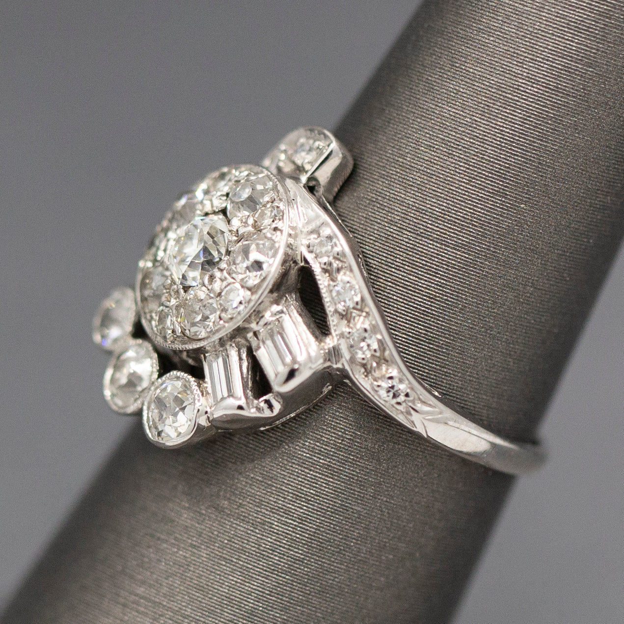Early Retro Lady's Diamond Dinner Ring with Old European Cut and Baguettes in 14k White Gold