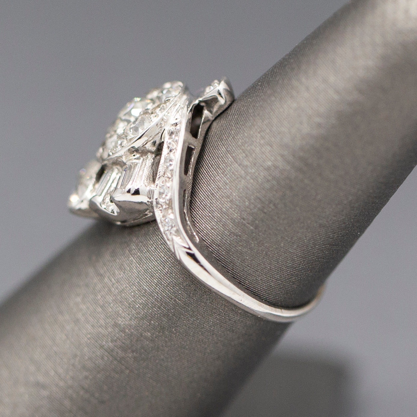 Early Retro Lady's Diamond Dinner Ring with Old European Cut and Baguettes in 14k White Gold